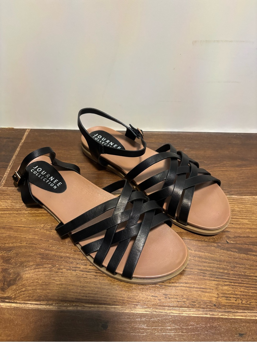 Journee Collection Black Strappy Woven Flat Sandals
